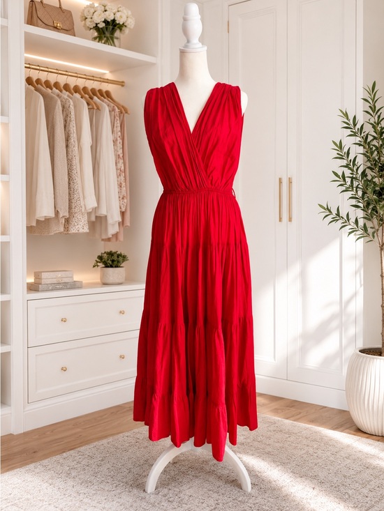PAROSH Dresses & Skirts - Red Cotton V-Neck Sleeveless Maxi Dress